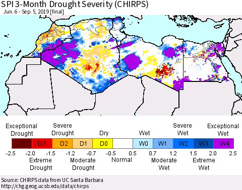 North Africa SPI 3-Month Drought Severity (CHIRPS) Thematic Map For 6/6/2019 - 9/5/2019