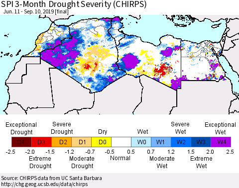 North Africa SPI 3-Month Drought Severity (CHIRPS) Thematic Map For 6/11/2019 - 9/10/2019