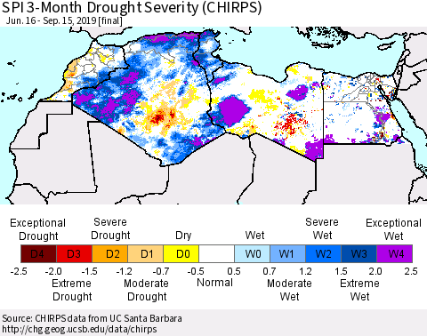 North Africa SPI 3-Month Drought Severity (CHIRPS) Thematic Map For 6/16/2019 - 9/15/2019
