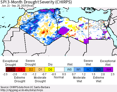 North Africa SPI 3-Month Drought Severity (CHIRPS) Thematic Map For 6/21/2019 - 9/20/2019