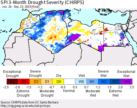 North Africa SPI 3-Month Drought Severity (CHIRPS) Thematic Map For 6/26/2019 - 9/25/2019
