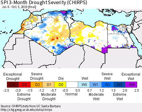 North Africa SPI 3-Month Drought Severity (CHIRPS) Thematic Map For 7/6/2019 - 10/5/2019