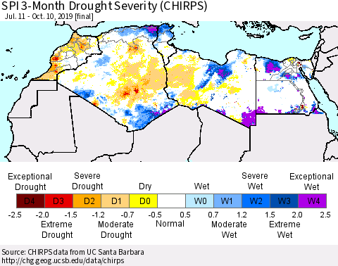North Africa SPI 3-Month Drought Severity (CHIRPS) Thematic Map For 7/11/2019 - 10/10/2019