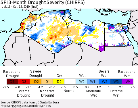 North Africa SPI 3-Month Drought Severity (CHIRPS) Thematic Map For 7/16/2019 - 10/15/2019