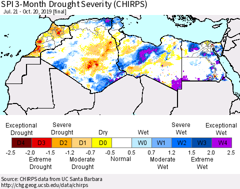 North Africa SPI 3-Month Drought Severity (CHIRPS) Thematic Map For 7/21/2019 - 10/20/2019