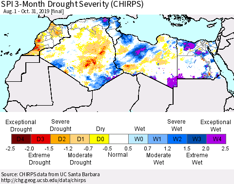 North Africa SPI 3-Month Drought Severity (CHIRPS) Thematic Map For 8/1/2019 - 10/31/2019