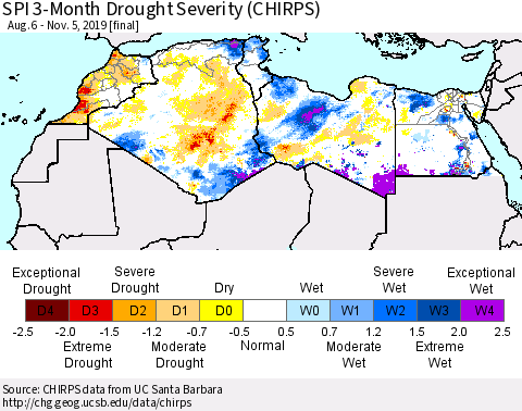 North Africa SPI 3-Month Drought Severity (CHIRPS) Thematic Map For 8/6/2019 - 11/5/2019