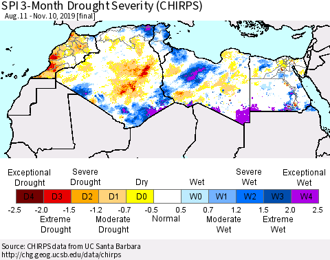 North Africa SPI 3-Month Drought Severity (CHIRPS) Thematic Map For 8/11/2019 - 11/10/2019