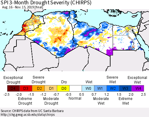 North Africa SPI 3-Month Drought Severity (CHIRPS) Thematic Map For 8/16/2019 - 11/15/2019