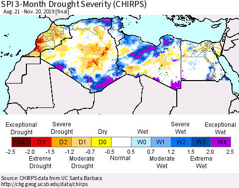 North Africa SPI 3-Month Drought Severity (CHIRPS) Thematic Map For 8/21/2019 - 11/20/2019