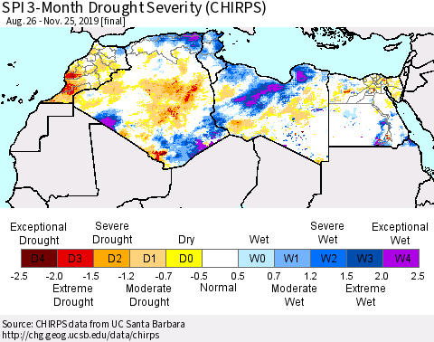 North Africa SPI 3-Month Drought Severity (CHIRPS) Thematic Map For 8/26/2019 - 11/25/2019