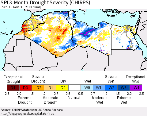 North Africa SPI 3-Month Drought Severity (CHIRPS) Thematic Map For 9/1/2019 - 11/30/2019