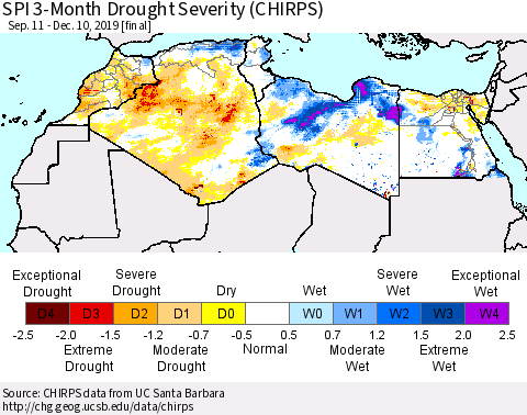 North Africa SPI 3-Month Drought Severity (CHIRPS) Thematic Map For 9/11/2019 - 12/10/2019