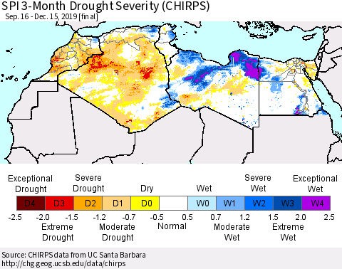 North Africa SPI 3-Month Drought Severity (CHIRPS) Thematic Map For 9/16/2019 - 12/15/2019