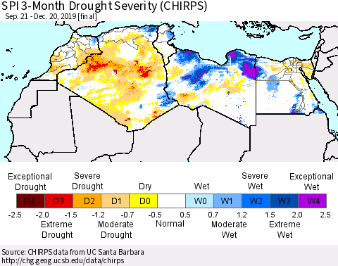 North Africa SPI 3-Month Drought Severity (CHIRPS) Thematic Map For 9/21/2019 - 12/20/2019