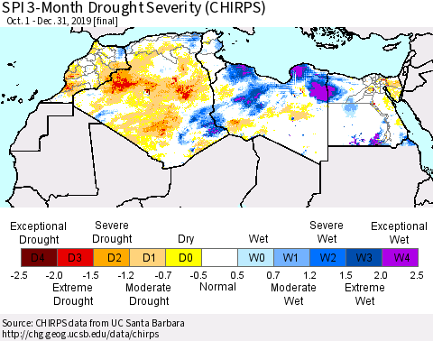 North Africa SPI 3-Month Drought Severity (CHIRPS) Thematic Map For 10/1/2019 - 12/31/2019