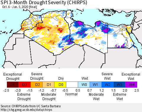 North Africa SPI 3-Month Drought Severity (CHIRPS) Thematic Map For 10/6/2019 - 1/5/2020