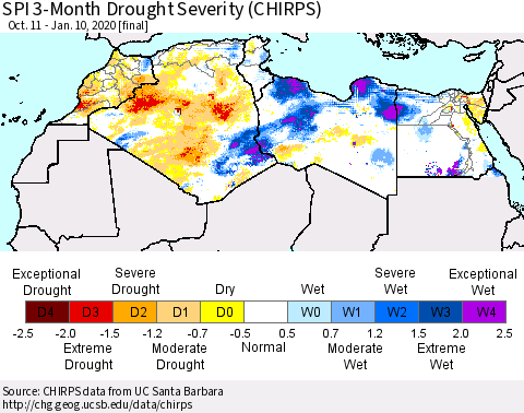 North Africa SPI 3-Month Drought Severity (CHIRPS) Thematic Map For 10/11/2019 - 1/10/2020