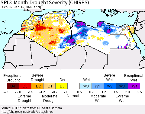 North Africa SPI 3-Month Drought Severity (CHIRPS) Thematic Map For 10/16/2019 - 1/15/2020