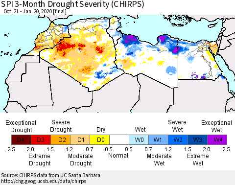 North Africa SPI 3-Month Drought Severity (CHIRPS) Thematic Map For 10/21/2019 - 1/20/2020
