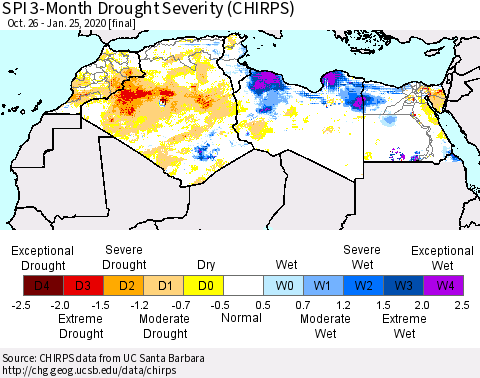 North Africa SPI 3-Month Drought Severity (CHIRPS) Thematic Map For 10/26/2019 - 1/25/2020