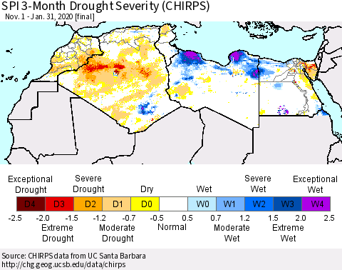 North Africa SPI 3-Month Drought Severity (CHIRPS) Thematic Map For 11/1/2019 - 1/31/2020