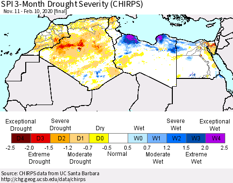 North Africa SPI 3-Month Drought Severity (CHIRPS) Thematic Map For 11/11/2019 - 2/10/2020