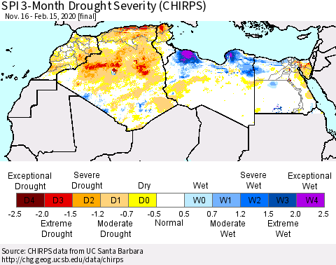 North Africa SPI 3-Month Drought Severity (CHIRPS) Thematic Map For 11/16/2019 - 2/15/2020