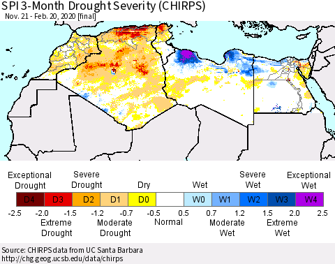North Africa SPI 3-Month Drought Severity (CHIRPS) Thematic Map For 11/21/2019 - 2/20/2020
