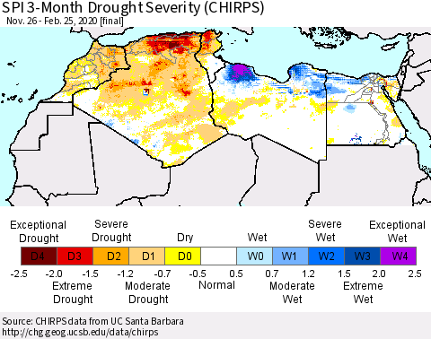 North Africa SPI 3-Month Drought Severity (CHIRPS) Thematic Map For 11/26/2019 - 2/25/2020