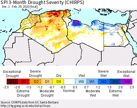 North Africa SPI 3-Month Drought Severity (CHIRPS) Thematic Map For 12/1/2019 - 2/29/2020