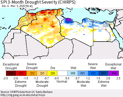 North Africa SPI 3-Month Drought Severity (CHIRPS) Thematic Map For 12/6/2019 - 3/5/2020