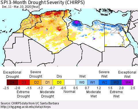 North Africa SPI 3-Month Drought Severity (CHIRPS) Thematic Map For 12/11/2019 - 3/10/2020
