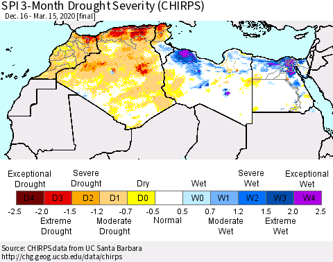 North Africa SPI 3-Month Drought Severity (CHIRPS) Thematic Map For 12/16/2019 - 3/15/2020
