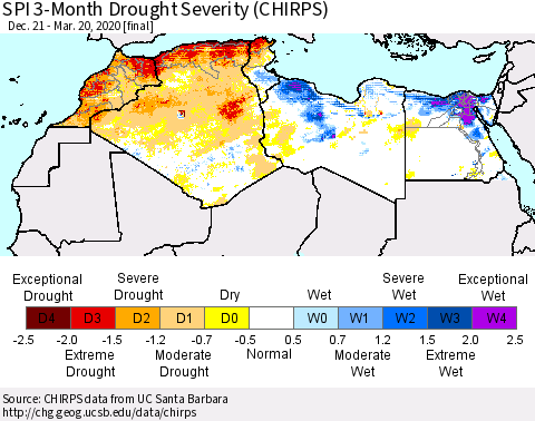 North Africa SPI 3-Month Drought Severity (CHIRPS) Thematic Map For 12/21/2019 - 3/20/2020