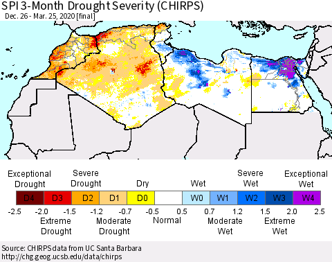 North Africa SPI 3-Month Drought Severity (CHIRPS) Thematic Map For 12/26/2019 - 3/25/2020
