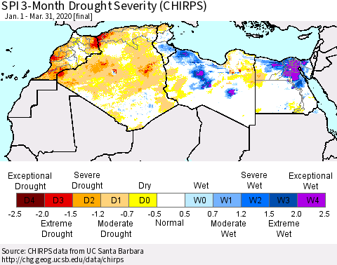 North Africa SPI 3-Month Drought Severity (CHIRPS) Thematic Map For 1/1/2020 - 3/31/2020