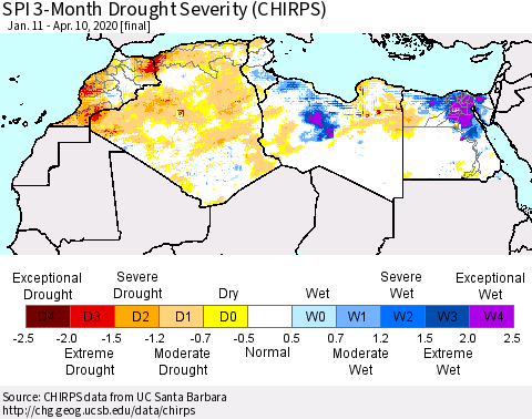 North Africa SPI 3-Month Drought Severity (CHIRPS) Thematic Map For 1/11/2020 - 4/10/2020