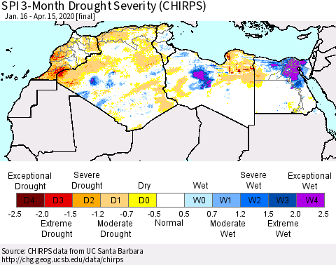 North Africa SPI 3-Month Drought Severity (CHIRPS) Thematic Map For 1/16/2020 - 4/15/2020