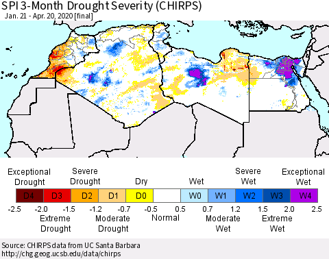 North Africa SPI 3-Month Drought Severity (CHIRPS) Thematic Map For 1/21/2020 - 4/20/2020