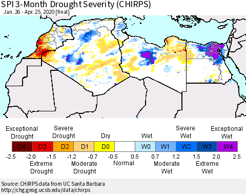 North Africa SPI 3-Month Drought Severity (CHIRPS) Thematic Map For 1/26/2020 - 4/25/2020
