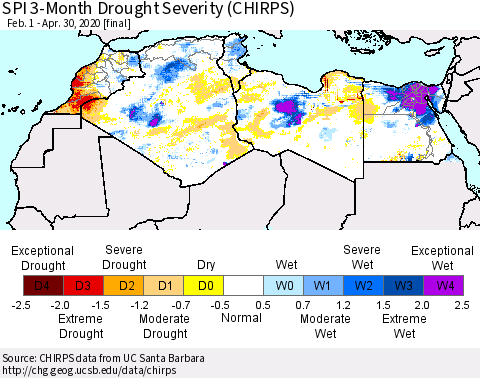 North Africa SPI 3-Month Drought Severity (CHIRPS) Thematic Map For 2/1/2020 - 4/30/2020