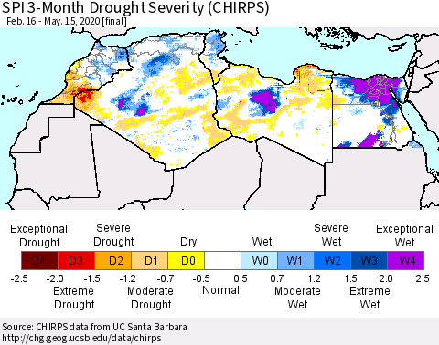 North Africa SPI 3-Month Drought Severity (CHIRPS) Thematic Map For 2/16/2020 - 5/15/2020