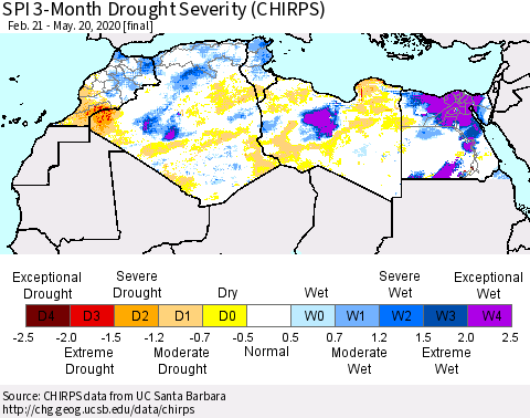 North Africa SPI 3-Month Drought Severity (CHIRPS) Thematic Map For 2/21/2020 - 5/20/2020