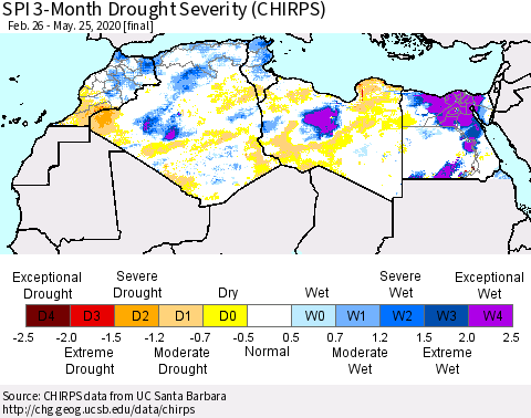 North Africa SPI 3-Month Drought Severity (CHIRPS) Thematic Map For 2/26/2020 - 5/25/2020