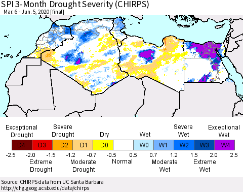 North Africa SPI 3-Month Drought Severity (CHIRPS) Thematic Map For 3/6/2020 - 6/5/2020