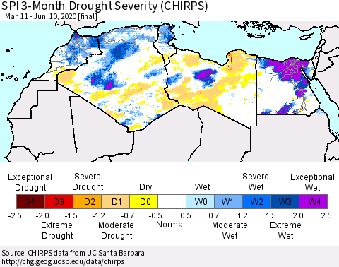 North Africa SPI 3-Month Drought Severity (CHIRPS) Thematic Map For 3/11/2020 - 6/10/2020