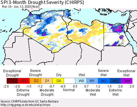 North Africa SPI 3-Month Drought Severity (CHIRPS) Thematic Map For 3/16/2020 - 6/15/2020