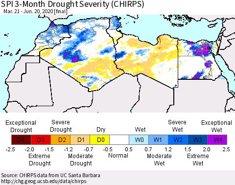 North Africa SPI 3-Month Drought Severity (CHIRPS) Thematic Map For 3/21/2020 - 6/20/2020