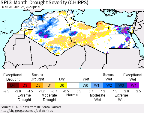 North Africa SPI 3-Month Drought Severity (CHIRPS) Thematic Map For 3/26/2020 - 6/25/2020
